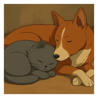 A gray British Shorthair cat curled up and sleeping next to a red Basenji dog sticker