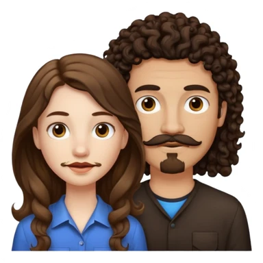 Couple emoji: girl is pale with brown straight long hair and boy is tan with black curly hair with a mustache and a goatee sticker