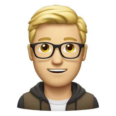 white man with blond hair, thin glasses and brown eyes and a thin face, a computer is right in front of him sticker