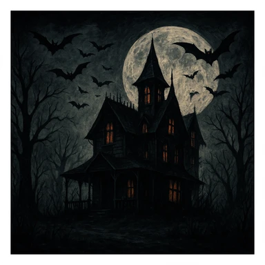 creepy banner, haunted house at night, full moon, bats, dark color palette, horror illustration style sticker