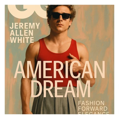 Create a GQ Magazine cover featuring Jeremy Allen White based on the provided photograph. The design should be stylish and modern with a bold typography and a fashion-forward, elegant color palette. Focus on a sophisticated magazine layout that highlights the subject prominently. sticker