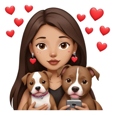 Young girl with long dark brown layered hair hair sits with her one dog who is a pretty girl pitbull with her cell phone in her hand in a small septum ring in her nose was hearts flying all around her sticker