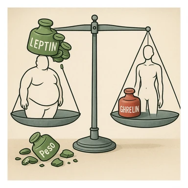 clinical illustration of a balance scale with leptin in green and ghrelin in red; obese side with overflowing leptin, scale stationary, broken leptin weights labeled 'Peso' on the floor; normal weight side with balanced scale; endocrinology style, 4K resolution sticker