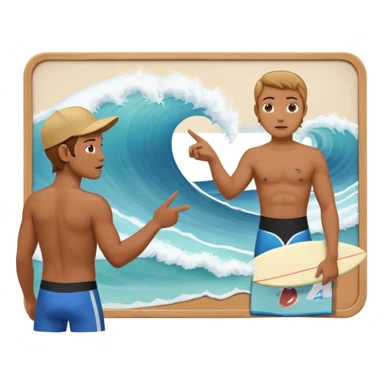 icon of a surf instructor teaching, pointing to a whiteboard with a wave in the center. Below the board are two avatars with their backs turned, looking at the board. sticker