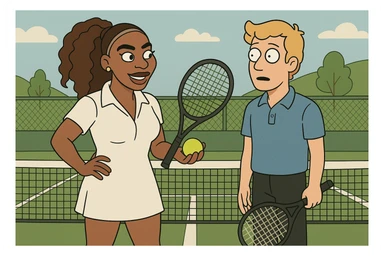 Serena Williams white shirt dress tennis racket one ball tennis a man dark yellow hair blue shirt black trousers tennis racket tennis court background  sticker