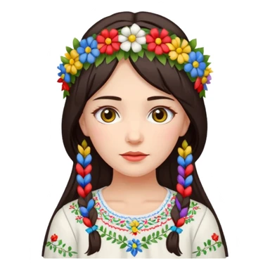 Ukrainian woman in a white embroidered shirt with dark hair in a wreath of flowers with multicoloured ribbons on her head sticker