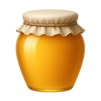 Create an emoji with no face that looks exactly like the reference image. The style should be iOS emoji style: 3D, shiny, smooth gradients, soft shadows, realistic honey jar shape with a cloth lid, no face. Add a glossy effect to the glass. sticker