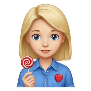 girl in a blue button-up shirt loving candy sticker
