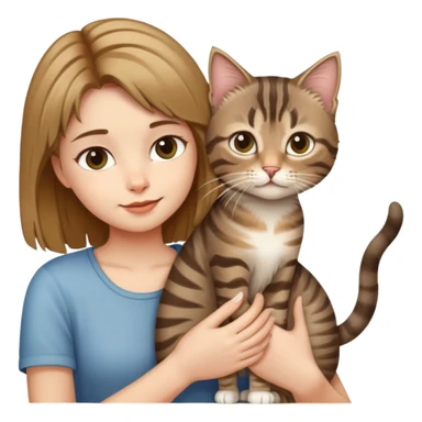 A girl holding a long-haired tabby cat and a short-haired tabby cat sticker