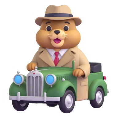 3D emoji style beaver leaning against a vintage car, wearing a trench coat and hat, gangster attitude sticker