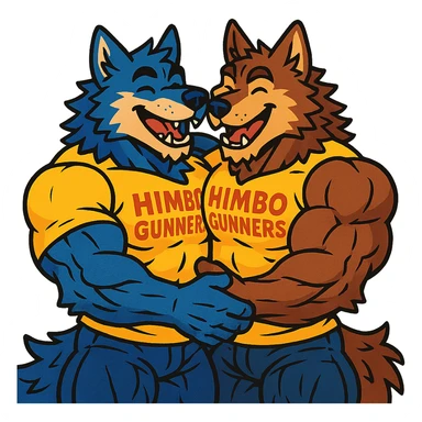 two extremely muscular wolf furries with exaggerated and highly detailed muscles, wearing t-shirts that say 'Himbo gunners', hugging each other, friendly and joyful expressions, very detailed fur and anatomy, ultra high quality sticker