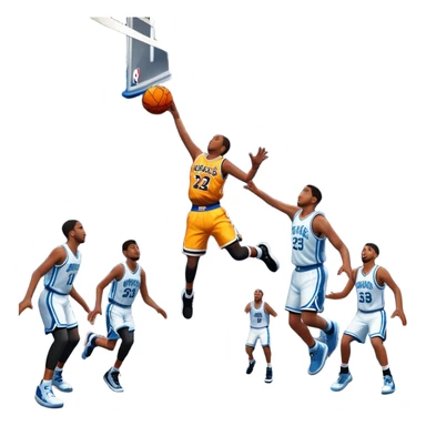 An icon featuring a basketball court with players in action, inspired by NBA 2K25. A player jumps for a dunk, with the ball mid-air. Bright lights illuminate the court, symbolizing the excitement of sports simulation games. Transparent background emphasizes the energy. sticker