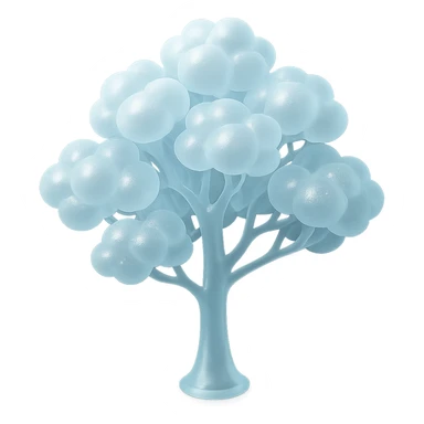one tree with many branches and white trunk, crown made of small very bright white fluffy convex clouds, matte glass style sticker