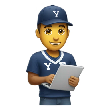guy wearing a baseball cap, holding a yale soccer and thinkpad sticker