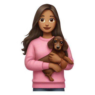 Brunette girl with long hair in a pink sweater holds a dachshund long haired puppy in her arms sticker