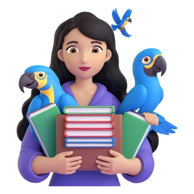 woman with long black hair and light brown skin, holding a stack of books in her arms, blue macaws flying around her, face as the focal point, with the arches of Atalaia Beach subtly in the background sticker