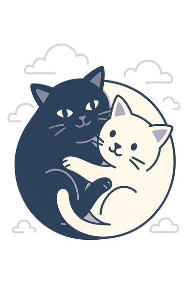 a black cat and a white cat curled together in a yin-yang pose, harmonious and balanced, minimal background, clean lines, simple style sticker