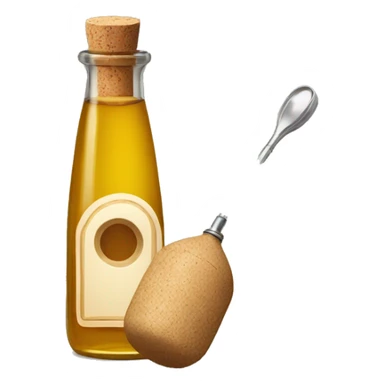 bottle of vinegar with the cork and a nozzle; spoon is laying neat the bottle sticker