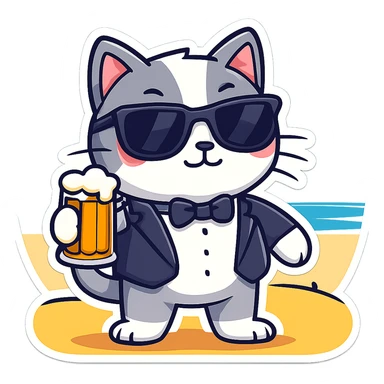 Add sunglasses to the cat in a tuxedo drinking beer on the beach in sticker style, cartoonish and bold with clear outlines and vibrant colors. sticker