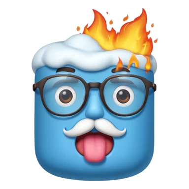 blue marshmallow on fire, surprised with mustache and glassess, just marshmallow sticker