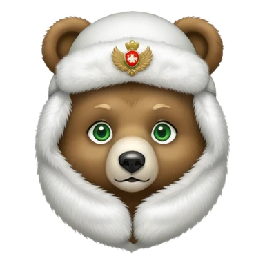 Adorable bear head with big green eyes and soft expression, wearing white fluffy ushanka with detailed Russian emblem in center, iOS emoji style sticker