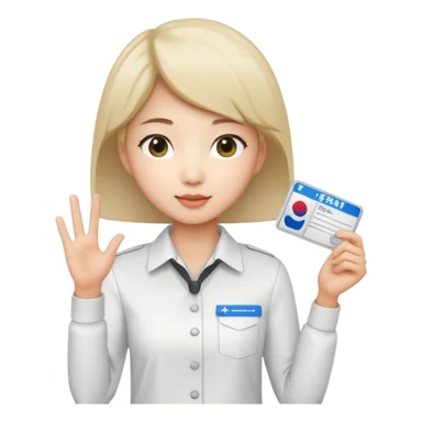 A Korean short-haired female tour guide is wearing a white shirt, holding her Korean tour guide license in her left hand, which is a horizontal card. sticker