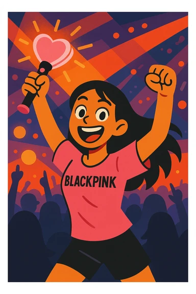 energetic and lively BLACKPINK fan with good stamina, holding a BLACKPINK lightstick, concert atmosphere, vibrant toon style sticker
