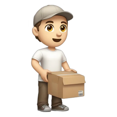 Pale skinned fit Man with dark brown hair in a beige cap, gray jeans, brown polo and white T-shirt keeping a pasted with tape white box into his hands sticker
