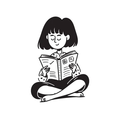 Cute girl sitting cross-legged reading from an open notebook with concentration sticker