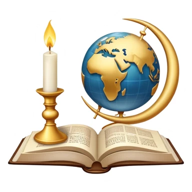An icon featuring a holy book, a candle, and a cross, symbolizing religious studies. The design includes a globe with various religious symbols: a crescent moon and star (Islam), a lotus flower (Buddhism), representing global belief systems. Transparent background. sticker