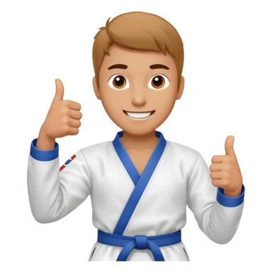 Crea un personaje masculino con el uniforme de taekwondo que tenga efecto dibujito y esté realizando este gesto con la mano👍🏼, debe estar sonriente sticker