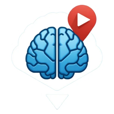 Minimalist flat icon design, brain silhouette with YouTube play button triangle integrated inside, clean vector style, single color or gradient, simple lines, professional logo style, white background, centered composition sticker