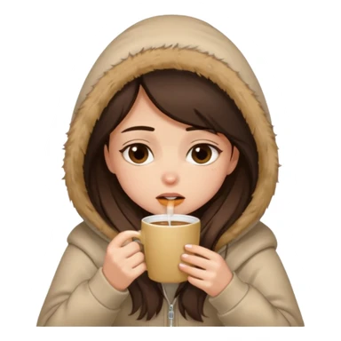 a brunette girl sitting cozily in a beige fur hoodie sipping coffee while crying sticker