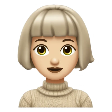 A Romanian woman with a short bob haircut featuring bangs and green eyes, wearing an elegant, light beige color straight-fit chunky knit dress with a twist pattern. She completes her look with black heels and dark brown shimmering stockings. sticker