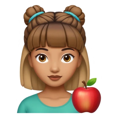 In Apple Memoji format, a girl with bangs and her hair in a bun. The girl has light brown skin and arab ethnic features sticker
