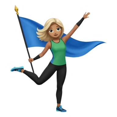 emoji style colorguard girl holding a green and blue flag, wearing black leggings and a green and blue top, energetic pose sticker