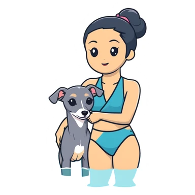 Very thin and slim Chinese woman with long black hair in pool attire at an indoor swimming pool with her Italian greyhound that is COMPLETELY solid dark grey with ABSOLUTELY ZERO white markings anywhere - 100% uniform dark grey color only sticker