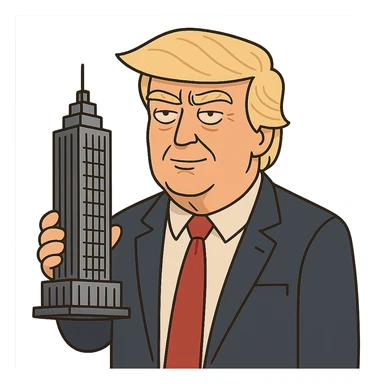 Donald Trump as a real estate owner cartoon style holding a skyscraper model wearing a suit and red tie sticker