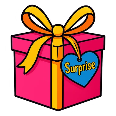Recreate the blue heart-tagged pink gift in a vibrant toon style, with the name 'Surprise' on the tag, no background. sticker