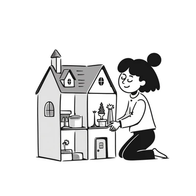 smiling girl arranging furniture in doll house sticker
