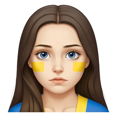 Brunette woman with long hair, Ukrainian flag (blue and yellow) painted on her cheek, sad expression sticker