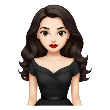 Distinguished actress with bright complexion, long dark hair with soft waves, large expressive dark eyes with classic makeup, defined brows, red lipstick, wearing elegant black dress, confident professional smile sticker
