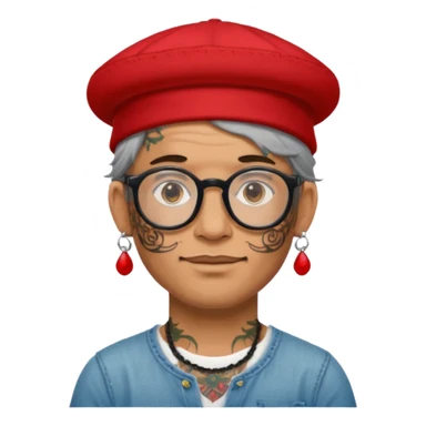 unique looking tourist with big unique red tourist hat and earrings, man with lots of tattoes and spectacles, hair showing sticker