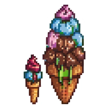 pixel art style chocolate ice cream cone, with a scoop and waffle cone, retro game look sticker
