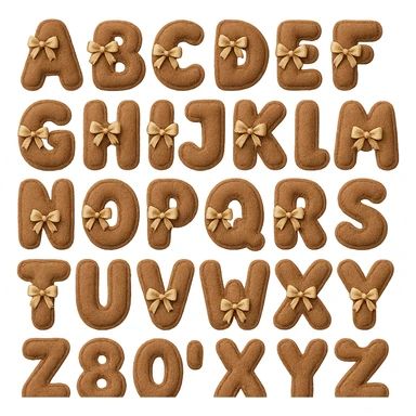 brown plush English alphabet, letters with ribbon accents, soft texture sticker