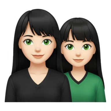 A white woman with Long straight hair with bangs, black hair, green eyes and a black low-cut shirt smiling sticker