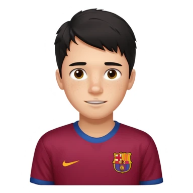 Un chico con pelo liso, desordenado y negro, tiene pecas, brackets, ojos cafés oscuros y con una camisa del Barcelona  sticker