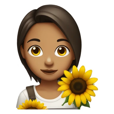 Dark brown hair, brown eyed girl holding sunflower sticker