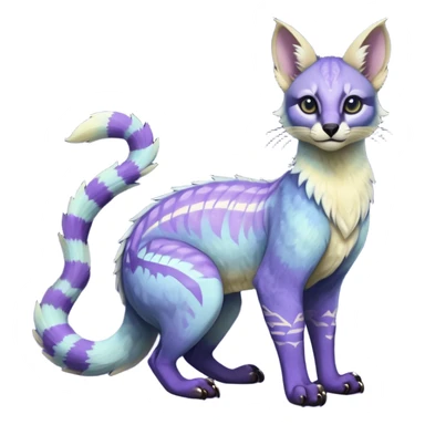 banana-cream-colored, tropical tribal glorious iridescent divine exotic cute cool beautiful beautiful fantasy-caracal-civet-genet-sergal-vernid-Gryphon-Cacomistle-Trico-oncilla-animal-Fakémon-hybrid-fursona (full body) with light slight indigo-violet-gradients accents  sticker