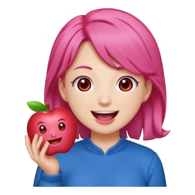 Teto Kasane emoji, apple style, pink twin-drill hair, red eyes, blue outfit, smiling with open mouth sticker